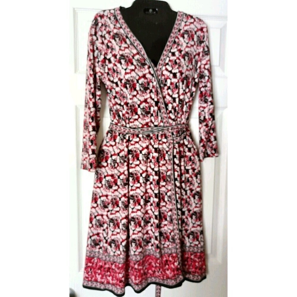 Max Studio Wrap Dress Size Small Black Red Floral Print 3/4 Sleeve Stretch